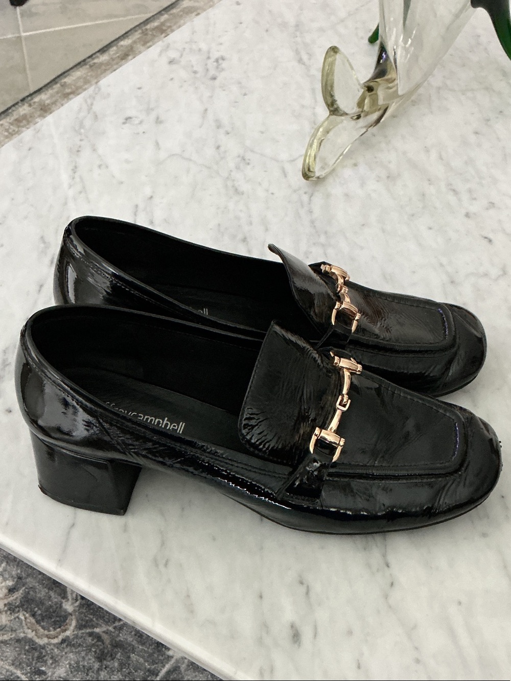 Jeffrey Campbell Black Patent Loafers with Gold Bit